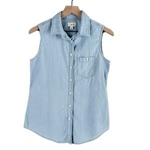 Per Se Button Up Sleeveless Chambray Shirt‎ 100% Cotton, Size Small